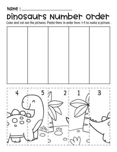 Dinosaurs Number Order Cut & Paste Scene Preschool Worksheets Paper Crafts Kindergarten, Preschool Activities 3-5, Pre K Learning Binder, Letter Number Sort, August Worksheets For Preschool, Dinosaur Number Activities, Number Lesson Plans For Preschool, Playdoh Fine Motor Activities, Preschool Cut And Paste Worksheets