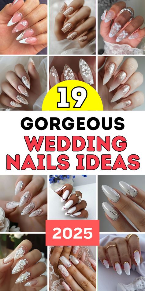 Discover 19 Wedding Nails Ideas 2025 for bride and bridesmaid, offering elegant almond, square, and oval shapes. Perfect for every season, these designs include bridal manicures with gold accents, natural nails, and simple styles for guests. Add gel or acrylic finishes for a polished look, or embrace dip nails for a classic bridal aesthetic that’s both timeless and versatile. Bride Nails Wedding Oval, Bridal Nails Wedding Almond, Wedding Nails For Bride Rounded Square, Wedding Nails Glitter The Bride, Wedding Nails Gold Glitter, Simple Wedding Nail Ideas, Pretty Wedding Nails Brides, Wedding Chrome Nails, Bridal Nails Wedding Square