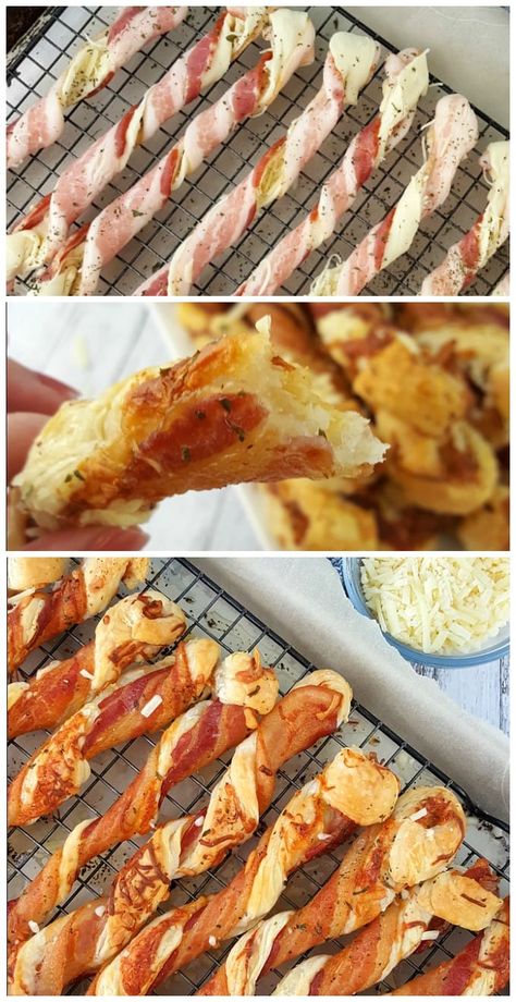 Bacon Cheddar Puff Pastry Twists, Cheesy Bacon Twists With Puff Pastry, Pastry Twist Recipes, Bacon And Cheese Roll Ups, Cheese And Bacon Twists, Sweet And Savory Cheesy Bacon Wrapped Puff Pastry Twist, Pastry Dinner Ideas, Puff Pastry Bacon Cheese Twists, Puff Pastry Bread Twists