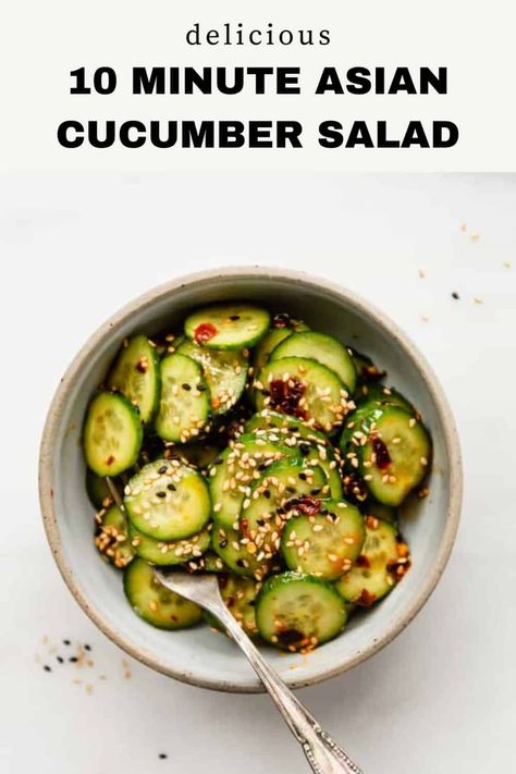 This Asian Cucumber Salad recipe comes together in just 10 minutes for a fresh and easy appetizer or side! It’s made with sesame oil and chili oil for a flavour-packed and spicy cucumber salad! Choosing Chia Recipes | Cucumber Recipes | Vegan Recipes | Vegetarian Recipes | Asian Inspired Recipes Asian Inspired Cucumber Salad, Spicy Asian Cucumbers, Korean Style Cucumber Salad, Chili Oil Cucumbers, Crispy Cucumber Salad, Cucumber Asian Salad Sesame Oil, Chili Crisp Cucumber Salad, Asian Marinated Cucumbers, Marinated Cucumbers Asian