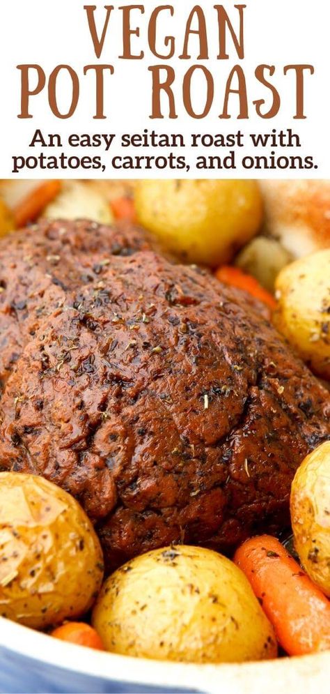 This vegan pot roast is made with meaty vegan beef seitan and roasted with onions, carrots, and potatoes. It tastes surprisingly like traditional pot roast with a meaty vegan beef and a seasoned savoy gravy that will bring back memories. This meatless pot roast is total vegan comfort food that the whole family will love. thehiddenveggies.com Vegan Pot Roast Veggies, Plant Based Pot Roast, Seitan Steak Recipes Vegan, Vegan Pot Roast Slow Cooker, Vegan Mississippi Pot Roast, Easy Seitan Recipes Vegan, Vegetarian Roast Dinner Alternative, Vegan Prime Rib, Vegan Shredded Beef