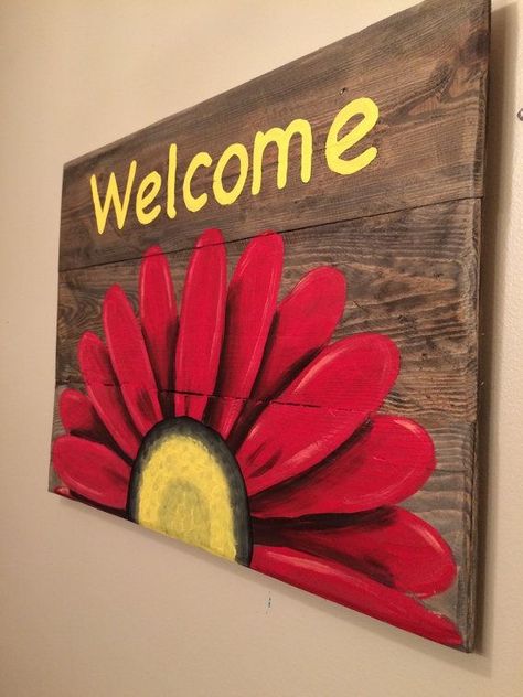 Wood Welcome Sign, Art Coquillage, Wooden Pallet Furniture, Fence Art, Pallet Crafts, Diy Wood Signs, Pallet Painting, Wood Pallet Projects, Pallet Art