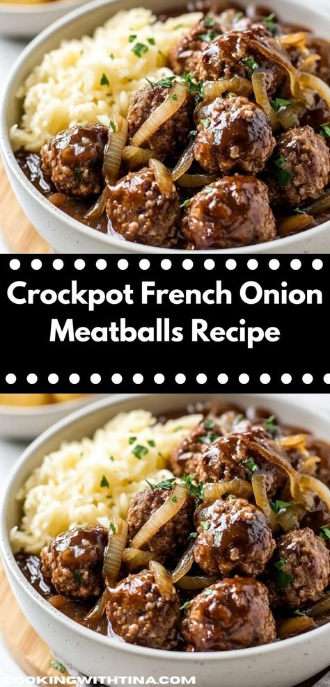 Looking for a delicious family dinner idea? This Crockpot French Onion Meatballs Recipe offers a savory blend of flavors that will delight your taste buds, making it a perfect choice for busy weeknights. Tasty Ground Beef Recipes, French Onion Meatballs Recipe, Meatball Appetizer Crockpot, Crockpot Potluck, French Onion Meatballs, Fast Crockpot Meals, Onion Meatballs, Meatball Appetizer Recipe, Meatball Recipes Crockpot