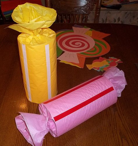 Decorating Will Have To Wait, So I’ll Make My Giant Wrapped Candy Decorations | pegsgottado Giant Candy Decorations, Candy Props, Willy Wonka Party, Candy Land Party, Wonka Party, Candyland Theme, Candy Land Birthday, Candy Land Birthday Party, Trunk Or Treat Ideas