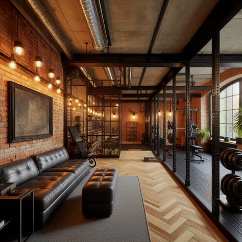 Discover industrial-style home gym ideas with exposed brick walls and metal fixtures for a sleek, modern workout space. #IndustrialDesign #HomeGym #ExposedBrick #MetalFixtures #FitnessGoals Gym Design Interior Industrial, Industrial Gym Design, Rustic Gym, Home Gym Design Luxury, Evil Lair, Gym Design Interior, Dream Gym, Future Vision Board, Home Sanctuary