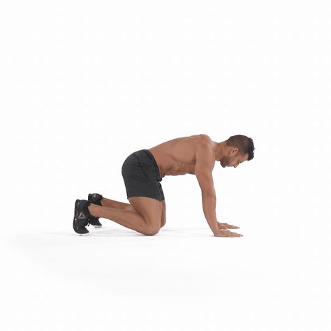 Assume a pushup position with your knees bent at 90-degree angles and directly... Treadmill Hiit, Best Beginner Workout, Hiit Exercises, Hiit Treadmill, Beginners Cardio, Workouts Cardio, Workout Hiit, Squat Variations, Bear Crawl