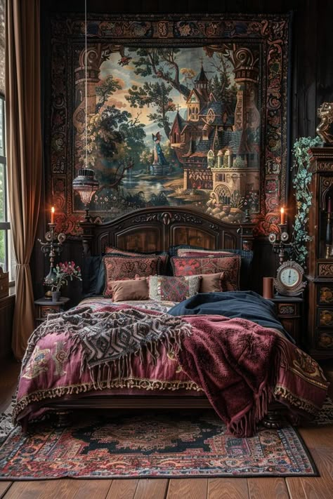 29 Goth Boho Bedrooms: Dark and Dreamy Design Inspirations 20 Medieval Themed Room, Medieval Bedroom Aesthetic, Medieval Room Aesthetic, Medieval Interior Design, Bedrooms Dark, Tarot Room, Medieval Room, Medieval Bedroom, Gothic Tapestry