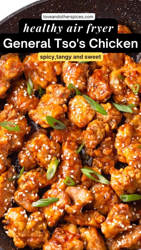 Sweet General Tso Chicken, Air Fried Sesame Chicken, Easy Chicken Air Fryer Meals, Air Fryer Chicken Stir Fry Recipe, Chicken Stir Fry Air Fryer Recipes, Air Fryer Stir Fry Chicken, General Tao Chicken Air Fryer, General Tao Chicken Recipe, Air Fryer General Tso Chicken Easy