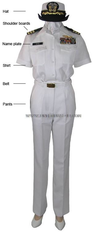 US Navy Summer White uniform for a female line officer, Commander rank. Navy Uniform, Female Navy Uniform, Us Navy Uniform, Navy White Uniform, Female Navy Officer, Navy Dress Uniforms, Salute To The Navy Usa Female Uniform, Military Costumes For Women, Marines Uniform