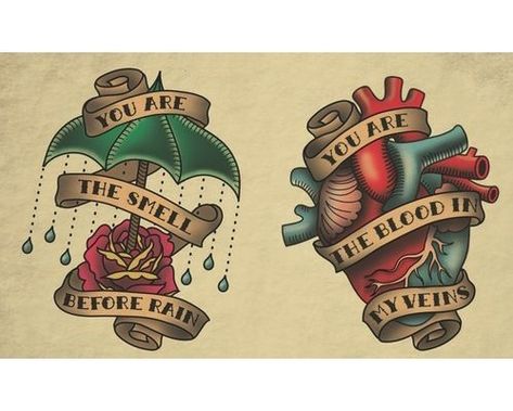 Couple tattoos "You are the smell before rain" and "You are the blood in my veins". Tags: Couples, Wedding, Awesome Brand New Lyrics, Brand New Tattoos, Umbrella Tattoo, Lyric Tattoos, Geniale Tattoos, Heart Tattoos, Sailor Jerry, Music Tattoos, Desenho Tattoo