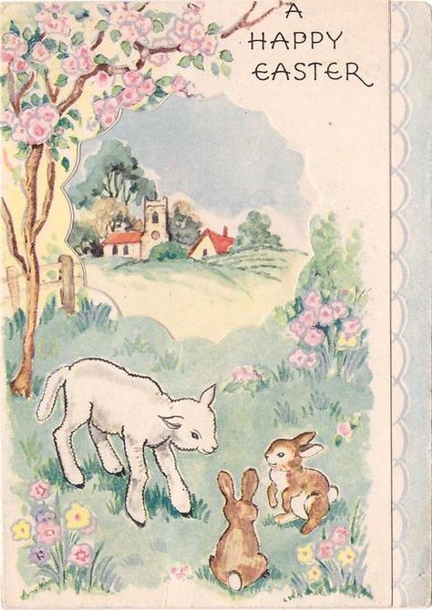 Vintage Happy Easter, Two Rabbits, Spring Magic, Vintage Easter Cards, Scallop Design, Easter Lamb, Happy Easter Wishes, Easter Wallpaper, Easter Postcards