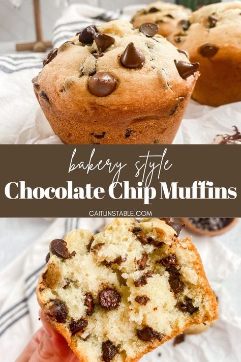 Check out these bakery style chocolate chip muffins! With simple and basic ingredients, these easy chocolate chip muffins from scratch are a delightful homemade treat or sweet breakfast idea. Find this and more chocolate baking recipes on the blog. Chocolate Chip Muffin Recipes Easy, Bakery Chocolate Chip Muffins, The Best Chocolate Chip Muffins, Tim Hortons Chocolate Chip Muffins, Cinnamon Chocolate Chip Muffins, Healthier Chocolate Chip Muffins, Sally's Baking Recipes, Chocolate Chip Muffins With Buttermilk, Chocolate Chip Muffin Tops Recipe