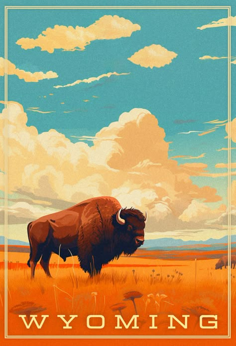 The buffalo, Wyoming's state animal and a regal choice for this artwork. Take in the wild beauty that Wyoming has to offer whenever you look at this United States Illustration, Wyoming Painting, Buffalo Aesthetic, Wyoming Art, Buffalo Wallpaper, Buffalo Artwork, Buffalo Art Print, Buffalo Wyoming, Buffalo Painting