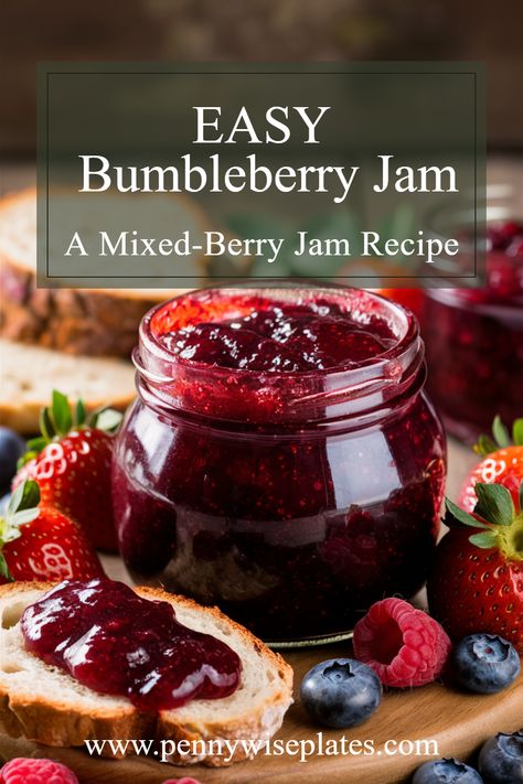 A jar of bumbleberry jam alongside fresh berries used to make the jam, with overlay text that reads "easy bumbleberry jam," highlighting a delicious homemade jam and mixed berry jam recipe. Bumbleberry Jam, Canning Preserves, Fruit Jelly Recipe, Berry Jam Recipe, Sour Cherry Jam, Fruit Jam Recipes, Mix Berry, Jam Canning, Mixed Berry Jam