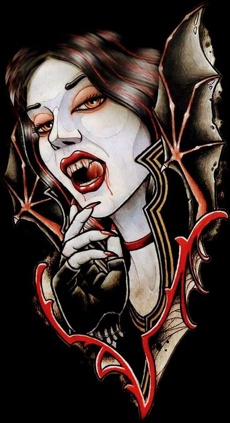 Dracula Tattoo Design, Vampire Lady Tattoo, Female Vampire Tattoo, Vampire Tattoo Ideas Gothic, Vampire Girl Tattoo, Temptress Tattoo, Vampire Tattoo Ideas, Vampire Tattoo Designs, Dracula Tattoo