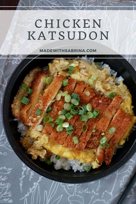 Indulge in the ultimate comfort food experience with this Crispy Chicken Katsudon Delight. Perfectly breaded chicken cutlets are fried to golden perfection and nestled on a bed of fluffy rice, all topped with a savory-sweet onion and egg sauce. This Japanese-inspired dish is a harmonious blend of textures and flavors, offering a satisfying crunch with every bite. Whether you're a fan of Japanese cuisine or just looking to try something new, this katsudon recipe is sure to become a family favorite. Ideal for a cozy dinner at home or impressing guests with your culinary skills. Japanese Chicken Katsudon, Chicken Katsu Donburi, Japanese Chicken Cutlet Recipes, Katsudon Recipe Chicken, Chicken Katsudon Bowl, Chicken Katsu Don, Katsu Recipe Japanese Style, Pork Katsu Don, Katsudon Recipe Pork