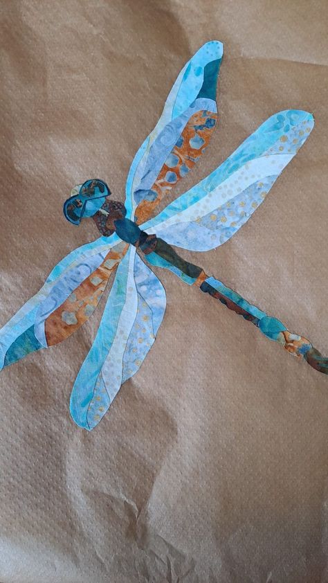 Fabric Collage Patterns. | And my dragonfly...I think I will use it on a bag.... Fabric Collage Patterns Free, Dragonfly Quilt Pattern, Dragonfly Quilt Block, Fabric Collage Patterns, Dragonfly Collage, Fabric Dragonfly, Patchwork Shirt Diy, College Quilts, Fun Party Crafts