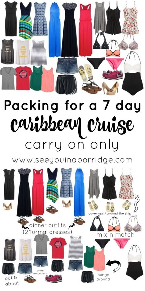 (Over) packing for a 7 day Caribbean cruise using just a carry on - this could be used for any beach or summer vacation though! Cruise Outfits Caribbean, Travel Outfit Spring, Cruise Attire, Carribean Cruise, Packing List For Cruise, Cruise Ideas, Cruise Packing, Bahamas Cruise, Packing For A Cruise