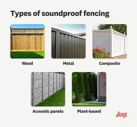 5 soundproof fencing types compared visually, including wood, composite, and plant-based Acoustic Barrier, Noise Barrier, Garden Blocks, Sound Barrier, Enjoy The Silence, Serenity Now, Peaceful Home, Good Neighbor, Home Environment