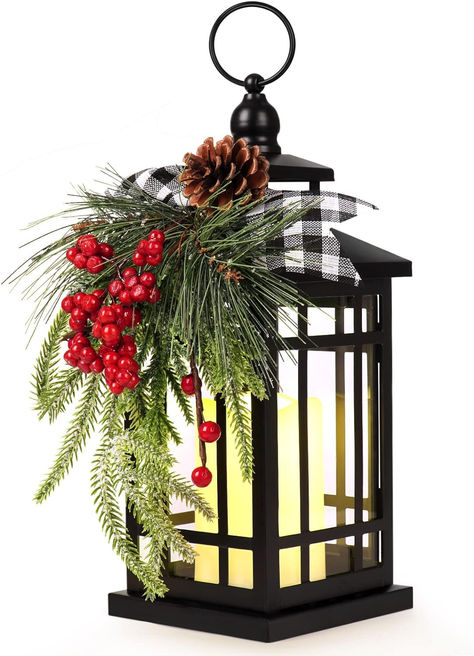 WOKEISE Metal Christmas Vintage Candle Lanterns with Led Light,Plaid Ribbon Decorative Hanging Lantern for Indoor Outdoor Decorations Party Gift Elegant Christmas Centerpieces, Christmas Table Centerpieces, Lantern Candle Decor, Vintage Candle, Christmas Porch Decor, Metal Christmas, Vintage Lanterns, Lantern Lamp, Plaid Ribbon