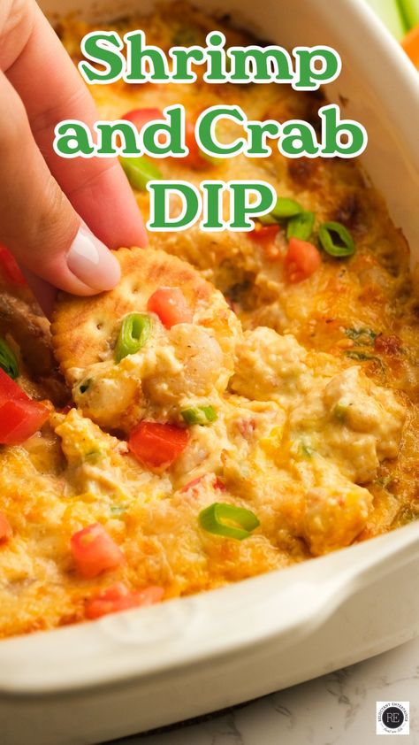 Loaded with sweet, tender shrimp and crab and plenty of cheese, Shrimp and Crab Dip is a super easy party pleaser that’ll disappear quickly! Hot Shrimp And Crab Dip, Cajun Crab And Shrimp Dip, Shrimp And Crab Appetizers, Crab And Shrimp Dip With Cream Cheese, Crab Appetizers Easy, Warm Crab Dip Recipe, Crab And Shrimp Dip, Boat Party Ideas, Shrimp And Crab Dip