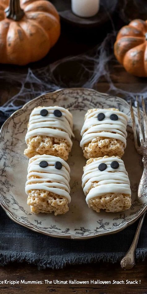 Transform a classic dessert into a spooky delight! Rice Krispie Treat Mummies are quick to prepare and make for a fun, edible Halloween decoration! 🍫🎃 Mummy Treats, Spooky Recipes, Easy Halloween Snacks, Halloween Snack, Spooky Food, Halloween Snacks, Classic Desserts, Rice Krispie, Three Ingredient