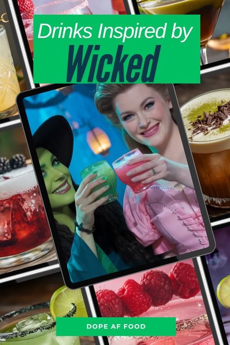 A vibrant promotional graphic showcasing cocktails inspired by WICKED, featuring a digital tablet displaying Elphaba and Glinda toasting with green and pink drinks. The background includes colorful cocktail images with garnishes, highlighting the magic of WICKED-themed beverages. Text reads, "Drinks Inspired by WICKED"  Perfect for WICKED cocktail lovers and Broadway fans. Dolly Parton Cocktail, Pink And Green Cocktail, Wicked Inspired Cocktail, Wicked Party Food, Wicked Cocktail, Wicked Party Ideas, Wicked Drinks, Green Martini, Prosecco Drinks