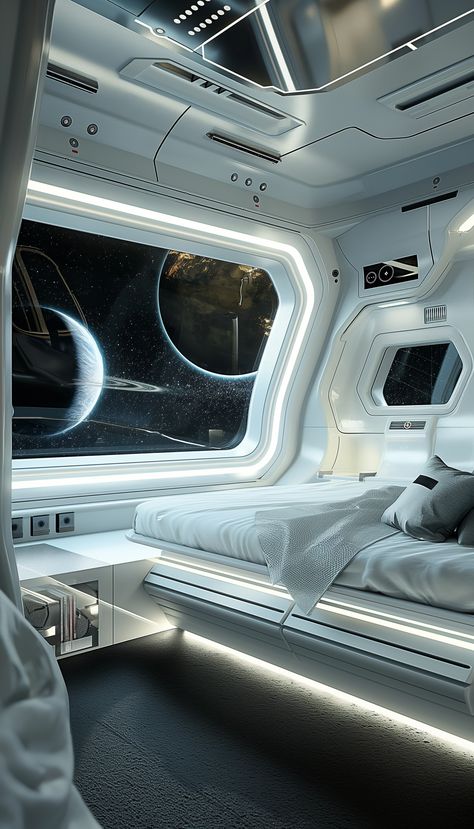 A sleek and clean futuristic sci-fi fi spaceship bedroom cabin, white and chrome, large bay window to the infinite galactic space, planets and stars --v 6 Spaceship Interior Bedrooms, Spaceship Bedroom, Sci Fi Rooms, Spaceship Room, Sci Fi Bedroom, Spaceship Aesthetic, Large Bay Window, Sci Fi Interior, Futuristic Room