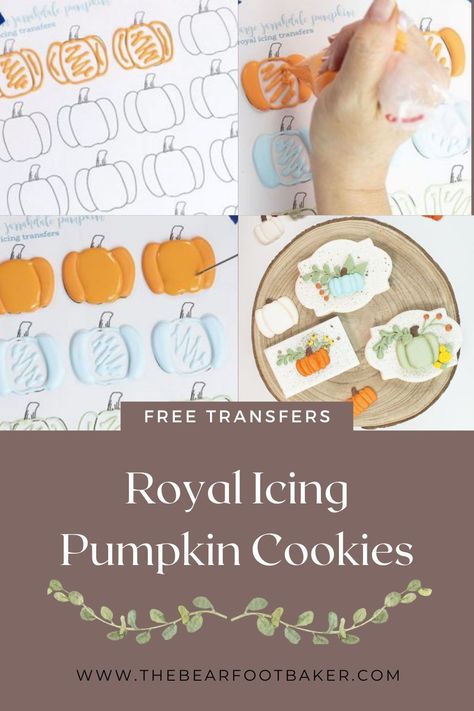 Dress up any fall cookie with this free royal icing transfer template! Your sugar cookies for fall or autumn need these pumpkin royal icing transfers. They are simple and make great fall sugar cookie additions! #thebearfootbaker #fallcookies #sugarcookies #royalicingtransfers Icing Patterns, Cookies For Fall, Halloween Icing, Pumpkin Cookies Decorated, Royal Frosting, Fall Decorated Cookies, Cookie Techniques, Royal Icing Templates, Icing Transfers