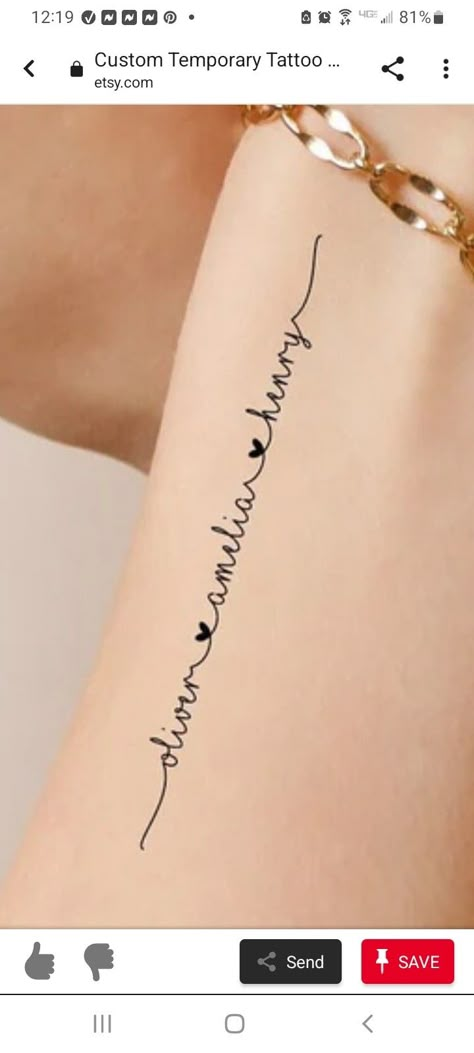 Small Grandchildren Tattoo Ideas, Arm Tattoos For Women With Names, Tattoo Of Names Woman, Tatoos Of Childs Name, 3 Grandchildren Tattoo, Tattoos For Women Kids Names, Name Tattoos Dainty, Sons Tattoo For Mom Ideas, Kids Name Tatoo For Women