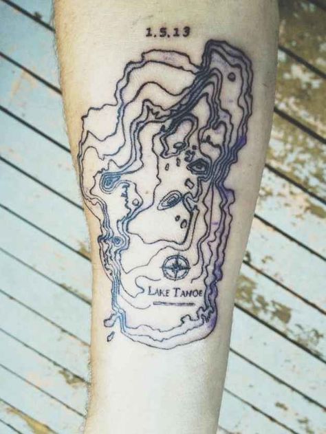 Topo map of Lake Tahoe | 43 Rad Tattoos To Pay Tribute To Your Favorite Place Reno Nevada Tattoo Ideas, Tahoe Tattoo Ideas, Topographic Tattoo, Topographic Map Tattoo, Lake Tahoe Tattoo, Tahoe Tattoo, California Tattoos, Lake Tattoo, Map Tattoo