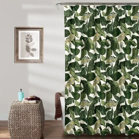 30 Trendy Home Decor Pieces From AllModern Rainforest Bathroom Ideas, Rainforest Bathroom, Tropical Bathroom Decor, Shower Curtain Green, Curtain Green, Tropical Bathroom, Apartment Things, Dorm Stuff, Leaf Print Pattern