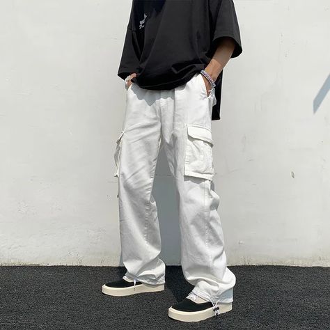 Order your on Lazada Link😮‍💨👖 Wide Leg Pants Men, White Casual Pants, Straight Wide Leg Pants, White Pants Casual, Korean Pants, Pocket Cargo Pants, White Cargo Pants, Casual Pants Style, Pants Outfit Men