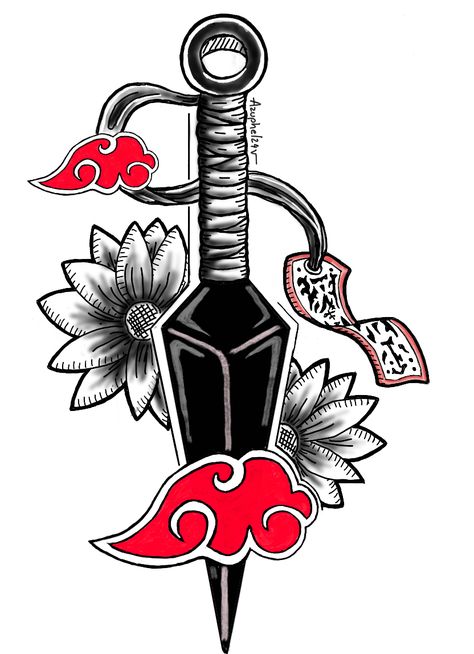 Naruto Akatsuki Tattoo Ideas, Kuni Knife Tattoo Naruto, Naruto Akatsuki Tattoo, American Traditional Naruto Tattoo, Naruto Knife Tattoo, Naruto Tattoo Drawings, Akatsuki Tattoo Design, Character Design Naruto, Naruto Minimalist Tattoo