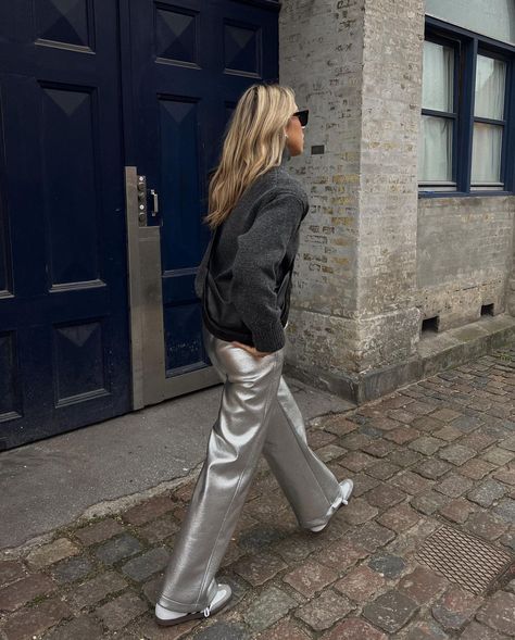 The Round Up: Silver Trousers Silver Wide Leg Pants Outfit, Metallic Cargo Pants Outfit, How To Style Silver Pants, Silver Pants Outfit Casual, Silver Cargo Pants Outfit, Silver Pants Outfit Night, Silver Trousers Outfits, Silver Jeans Outfit, Metallic Silver Pants