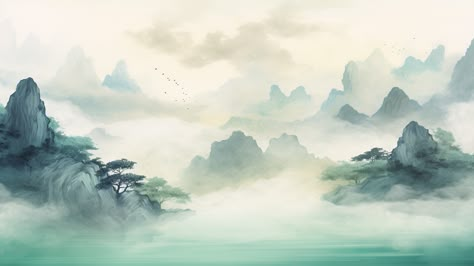 Inspired by traditional Chinese ink painting #art #art therapy #eastern asia #ink painting #brush painting #meditation #home decor Chinese Art Laptop Wallpaper, Chinese Mountain Drawing, Chinese Landscape Wallpaper, Xiao Background, Chinese Art Landscape, Chinese Mountain Painting, Chinese Art Traditional, Chinese Painting Traditional, Vietnam Landscape