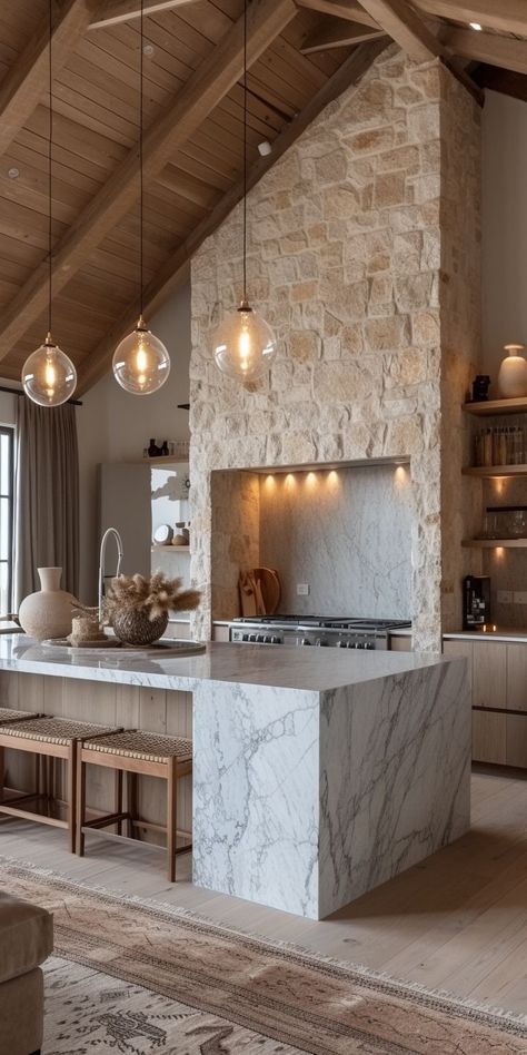 Kitchen Half Vaulted Ceiling, Refrigerator Next To Range, Kitchen Ideas With Vaulted Ceiling, Stone And Wood Interior Design, Kitchen Ideas Natural Wood Cabinets, Kitchen Ideas 2024, Low Ceiling Kitchen Ideas, Sloped Ceiling Kitchen, Kitchens With Vaulted Ceilings