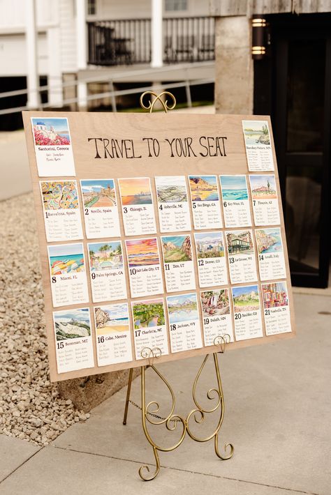 Explore a unique love story through art with this one-of-a-kind seating chart, adorned with hand-painted locations that hold significance for the bride and groom. 🎨✨ This personalized masterpiece replaces traditional table numbers with cherished memories, making every seat a part of their journey. Crafted with love by a bridesmaid, it's a heartfelt touch that transforms the wedding experience into a visual tale of their adventures. Creative Find Your Seat Wedding, Wedding Table Number Unique, Wedding Find Your Seat Ideas Table Numbers, Our Favorite People Our Favorite Places Seating Chart, Wedding Table Numbers Travel, Lego Wedding Seating Chart, Find Your Destination Seating Chart, Travel To Your Seat Wedding, Post Card Wedding Seating Chart