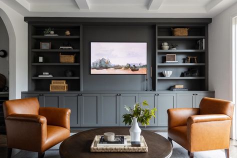 Dark Built In Cabinets, Dark Brown Built Ins Living Room, Dark Grey Built Ins, Charcoal Gray Built Ins, Dark Brown Built Ins, Black Built In Entertainment Center, Kendall Charcoal Built Ins, Dark Built Ins Living Room, Built In Tv Wall Unit Dark Wood