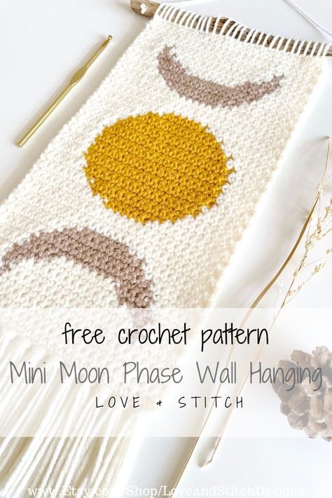 The Mini Moon Phase Wall Hanging pattern is a super easy and quick pattern to get lost in. This wall hanging would make the perfect gift for the star gazer in your life. This pattern is perfect for makers new to color changing. Wall Hanging Crochet, Art Au Crochet, Crochet Wall Art, Hanging Crochet, Crochet Wall Hanging, Confection Au Crochet, Crochet Wall Hangings, Crochet Decor, Pola Amigurumi