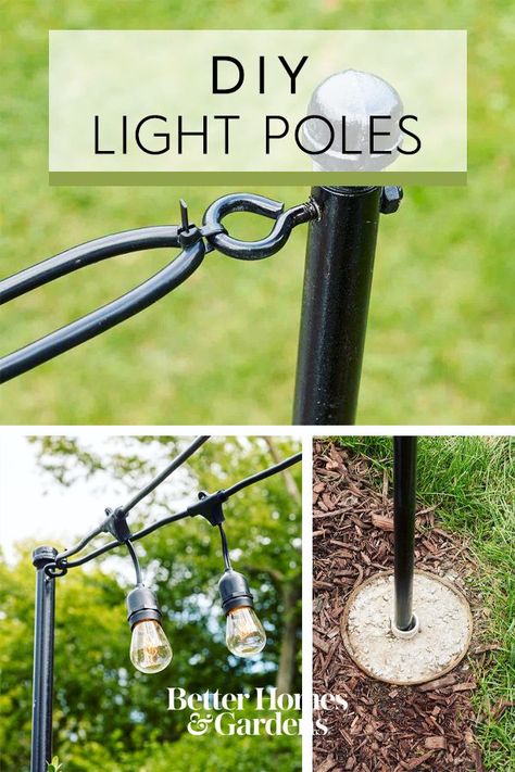 Diy Light Poles, Backyard String Lights, Diy String Lights, Patio String Lights, Landscaping Flowers, Diy Light, Backyard Lighting, Backyard Diy Projects, Outdoor Patio Lights