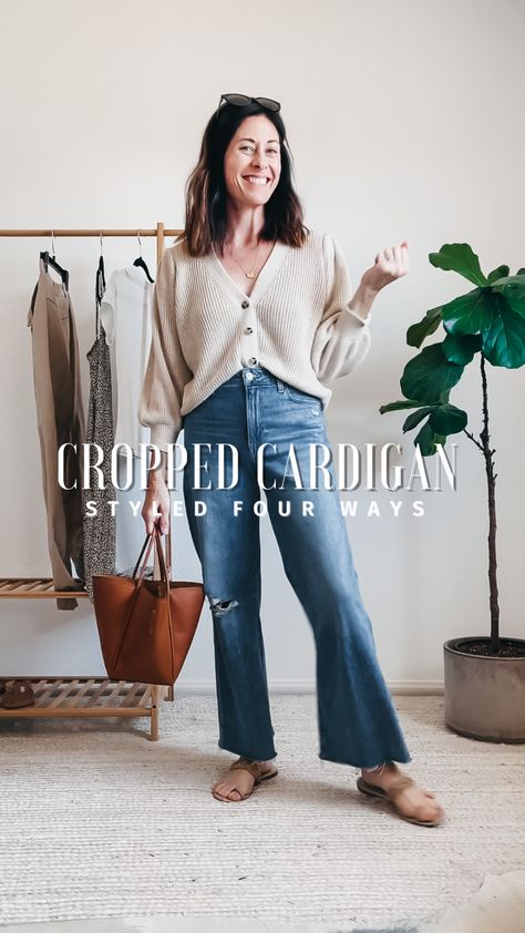 Cardigans With Skirts Outfit, Cropped Cardigan Outfit Work, How To Wear Brown Cardigan, Cropped Button Cardigan Outfit, Tan Cropped Cardigan Outfit, Carmel Cardigan Outfits, Cropped V Neck Cardigan Outfit, Gen Z Cardigan, Oversized Cropped Cardigan Outfit