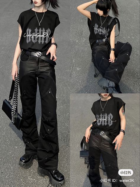 fully credit to right owner Douyin Outfits Black, Rock Core Outfit, Japanese Punk Aesthetic, Kpop Outfits Black, Pop Punk Aesthetic Outfit, Japanese Grunge Fashion, Punk Aesthetic Outfit, Skz Clothes, 2000s Punk Aesthetic