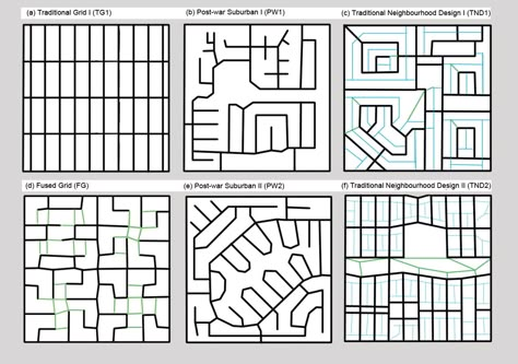 Figure 1: Six neighbourhood layout patterns found in contemporary subdivisions Road Planning Design, Road Network Urban Design, Neighbourhood Layout, City Planning Design Layout, City Skylines Game, Maps Design, City Maps Design, City Grid, Urban Design Diagram