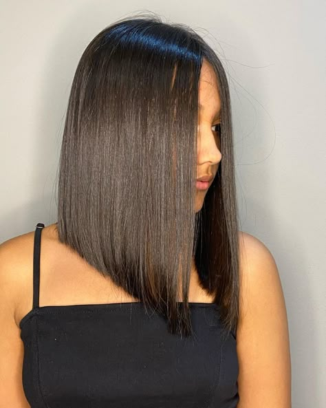 Triangular One Length, Triangle One Length Haircut, Low Graduation Haircut, Sharp Long Bob, Shoulder Length Angled Hair, Triangular One Length Haircut, Triangular Layers, Triangle Bob Haircut, 45 Degree Haircut