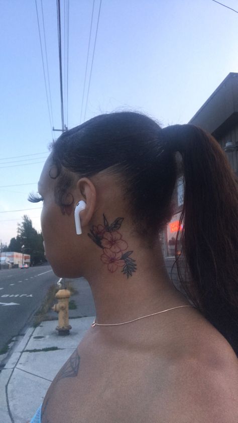 Flower tattoo Red Tattoos For Black Women, Flowers On Neck Tattoo, Cute Tattoos Neck, Flower Neck Tattoos Black Women, Red Ink Neck Tattoos Women, Flower Tattoo Black Women, Flower Tats On Arm, Hibiscus Neck Tattoo, Flower Tattoo On Neck