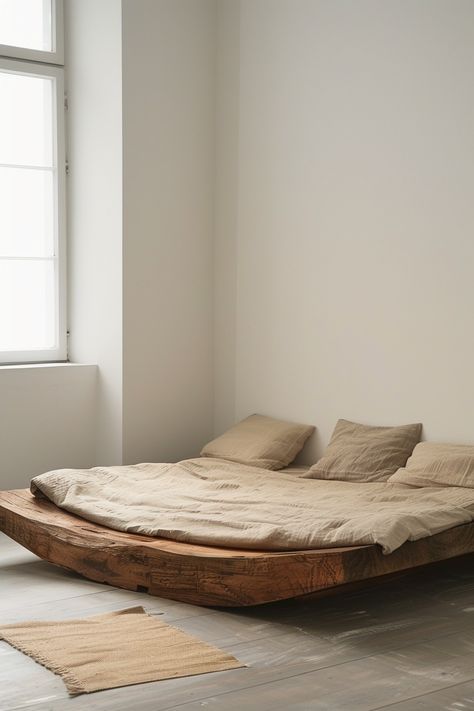 Wabi Sabi Bed: Simplicity in Slumber - Quiet Minimal Only Bed In Bedroom, Non Aesthetic Room, Retreat Room Ideas Small Spaces, Brutalist Bed Frame, Bed Only Bedroom, Pallet Bed Frame Ideas, Raw Wood Bed Frame, Wabi Sabi Bed Frame, Japanese Floor Bed Aesthetic