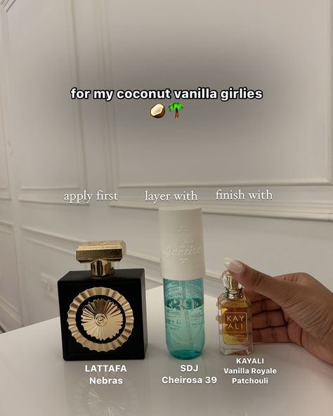 swipe right for BEST PERFUME LAYERING COMBOS 🍨🥥🎀🥃🎷🤍✨🌴 I have included - Gourmand - Clean - Vanilla Coconut - Fruity Floral - Boozy ask away if you have any questions 🫶🏻 . . . . perfume combos . Perfume layering . EDP . Vanilla perfumes . Coconut perfumes . Arab perfumes . Lattafa perfume review . Kayali perfume collection . Sol de janeiro body spray. Perfume collection . Best vanilla fragrance . Best boozy fragrance . Best fruity floral fragrance . Best coconut fragrance. Perfume b... Scent Combos Coconut, Kayali Perfume Combo, Arabic Vanilla Perfume, Vanilla Coconut Perfume, Perfume Layering Combinations, Kayali Perfume, Vanilla Perfumes, Perfume Combos, Perfume Layering