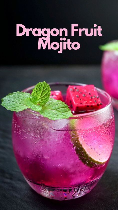 Fans of traditional mojitos may enjoy this twist on the tropical drink. The Dragon Fruit Mojito is a bit sweeter than classic options but still has that classic lime and mint flavor. Instead of white rum, you can use coconut rum for a refreshing drink that may pair better with the taste of dragon fruit. #DragonFruitMojito Dragon Fruit Mojito, Dragon Fruit Mocktail Recipe, Dragonfruit Mojito, Dragon Fruit Tea Recipe, Dragon Fruit Drink, Fruit Mojito, Classic Mojito, The Best Dinner Recipes, Cocktail Drinks Alcoholic