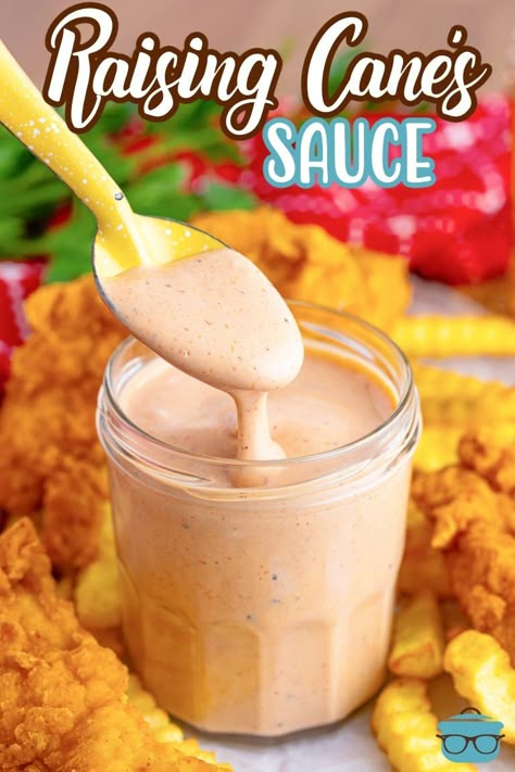 A spoon in a jar of Raising Cane Sauce. Copycat Raising Canes Sauce, Raising Cane’s Dipping Sauce, Copycat Canes Sauce Recipe, Homemade Raising Canes Sauce, Copycat Raising Canes Sauce Recipe, Homemade Canes Sauce, Cane’s Sauce, Canes At Home, Rasing Canes Copycat Sauce